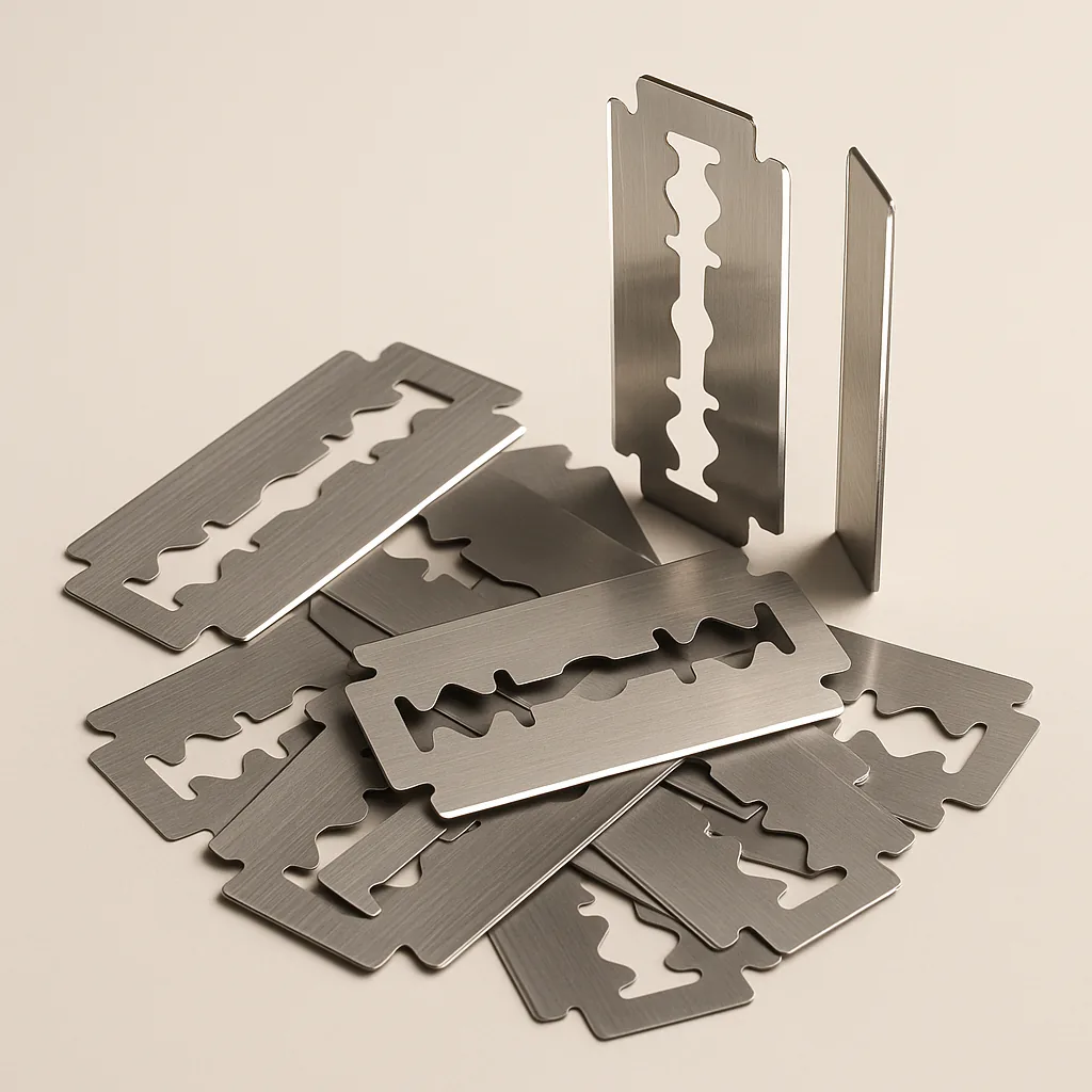 Unbranded double-edge razor blades laid out, showing the standard slot and the honed cutting edge on both long sides.